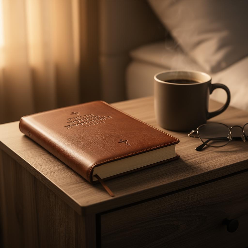 Devotional book on nightstand lifestyle shot